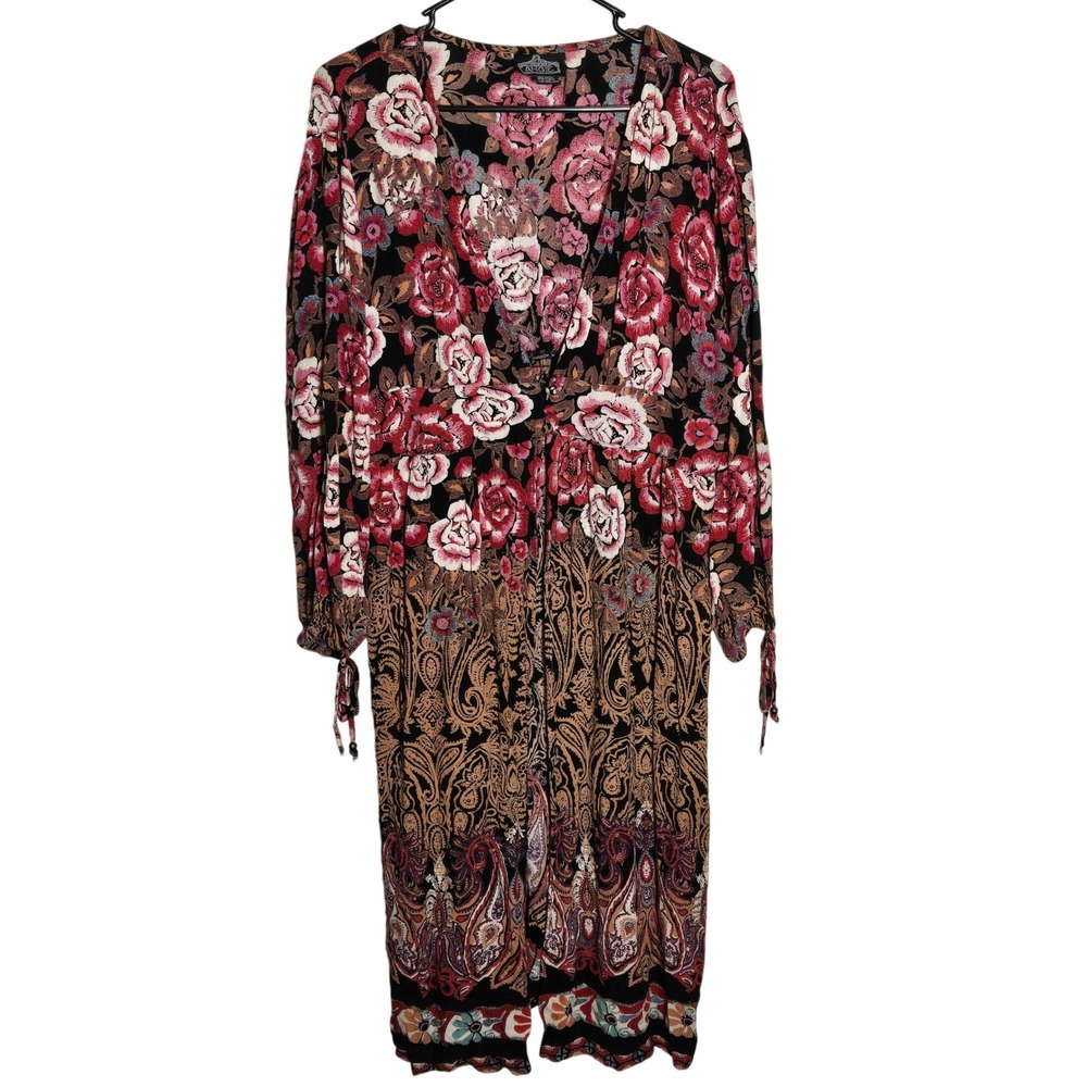 Angie Floral Paisley Open Front Midi Dress Large Boho Cottage Romantic Hippie
